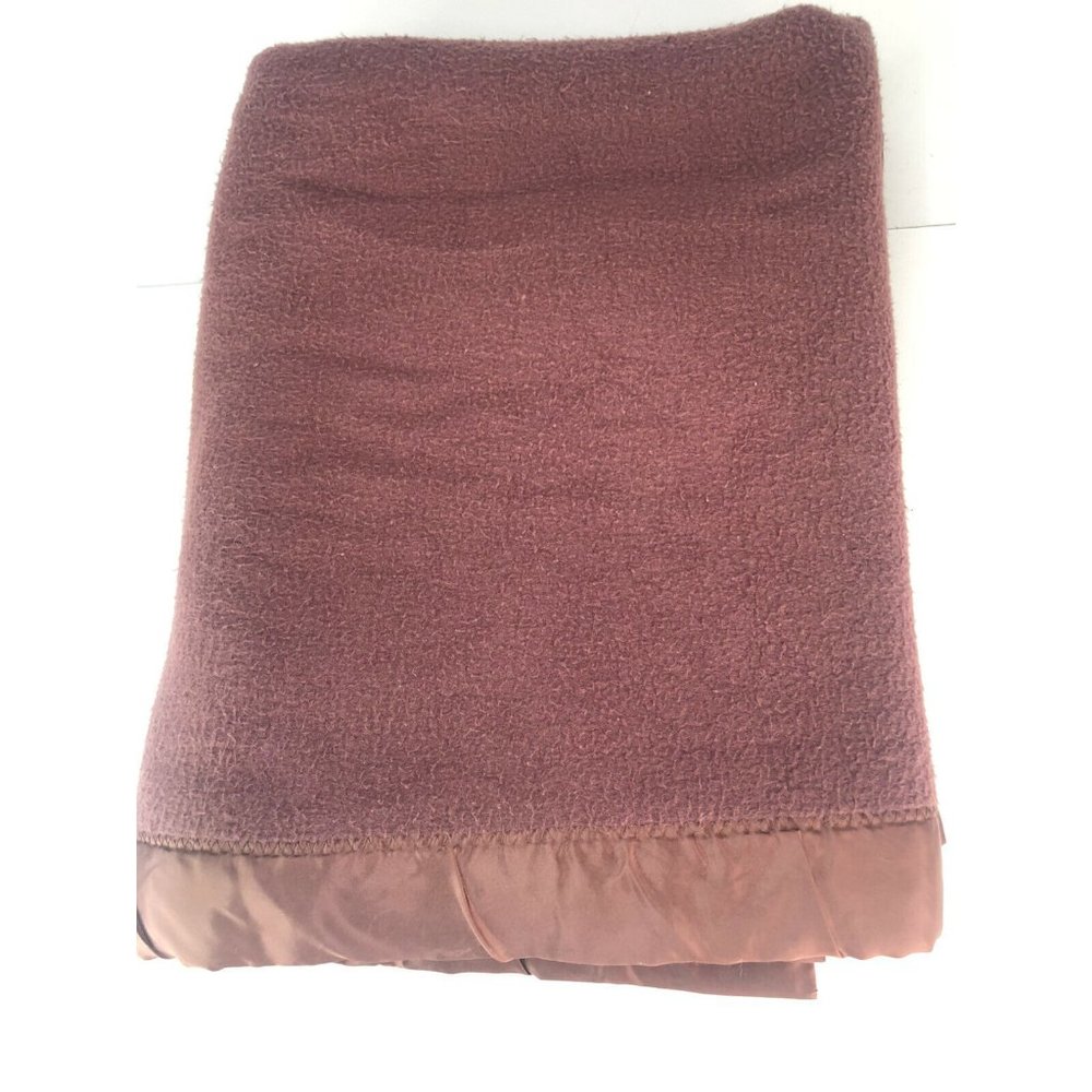 Vintage Esmond Acrylic Thermal Blanket 4 side Satin Trim Brown 90x76